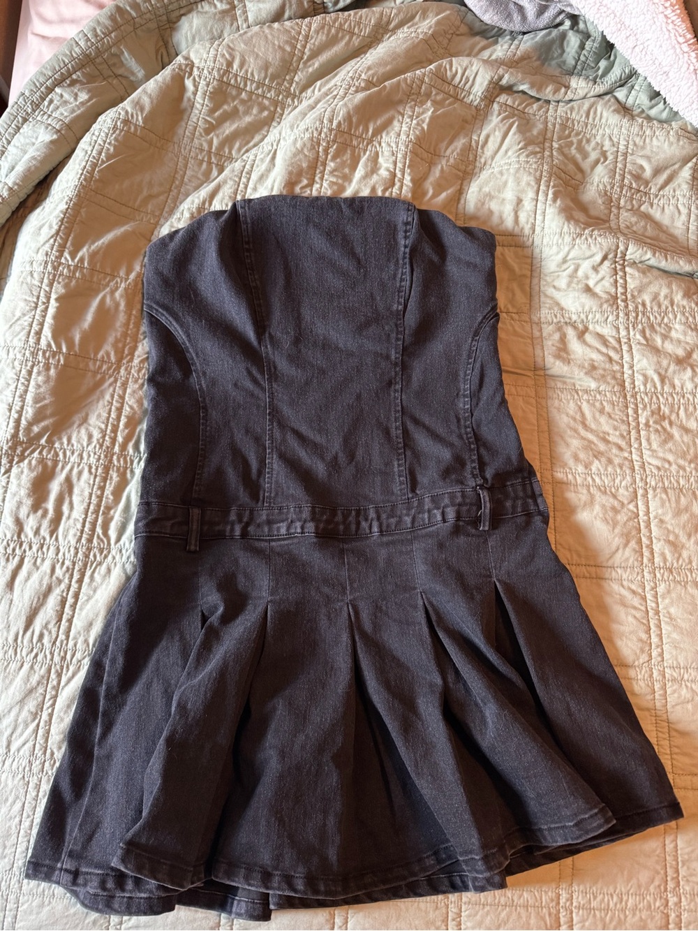 Strapless Black Denim Skirted Dress